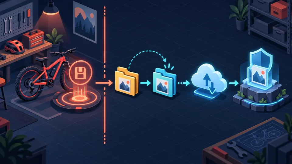 Editorial save-and-backup workflow separating in-game save, copied folder and restore test
