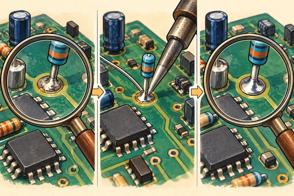 Inspect the task and board before applying more heat; this drawing does not show an in-game soldering target.